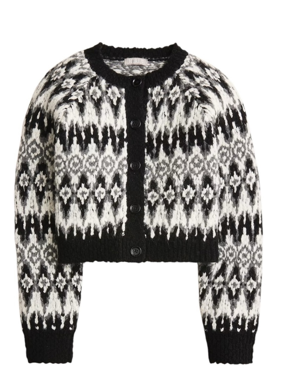 J. Crew Cropped Fair Isle Cardigan Size Small Black White Textured Chunky Wool